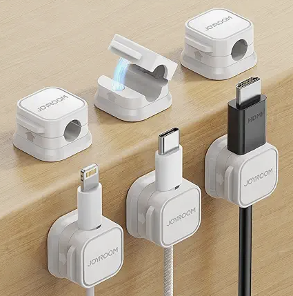 jOYROOM 6-pack magnetic cable clips for adjustable cord management, adhesive wire holders for desk, car, wall, and nightstand organization.