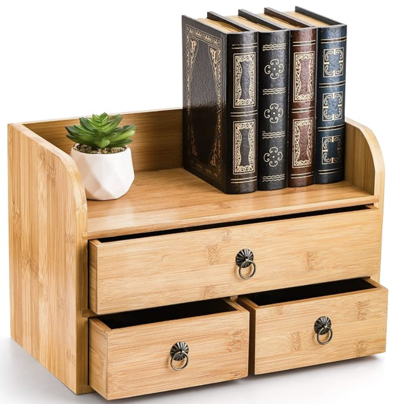 Nicunom 3-tier bamboo desk organizer with drawers for home office or vanity storage.