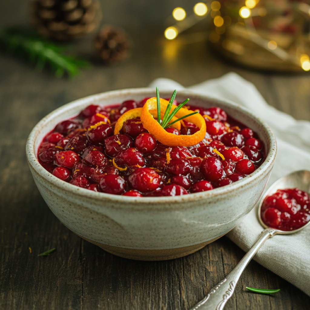 Healthy homemade cranberry orange compote for a festive holiday meal, garnished with fresh rosemary and orange zest on a rustic wooden table.