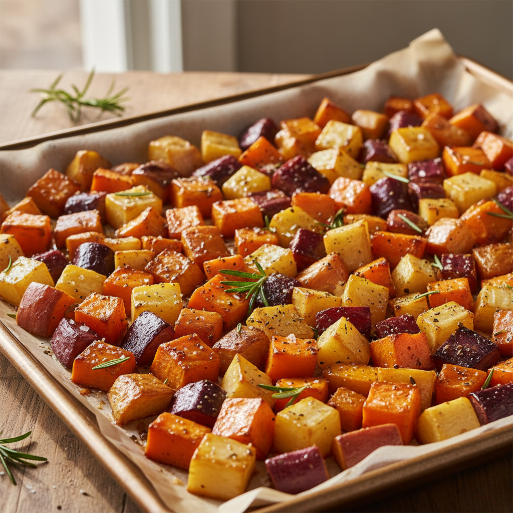 Maple-Rosemary Glazed Roasted Root Vegetables on a baking sheet, featuring golden sweet potatoes, carrots, and purple parsnips, seasoned with sea salt.
