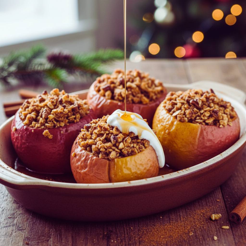 Spiced baked apples topped with an oat streusel and a drizzle of maple syrup and yogurt, serving as a healthy, low-sugar holiday dessert.