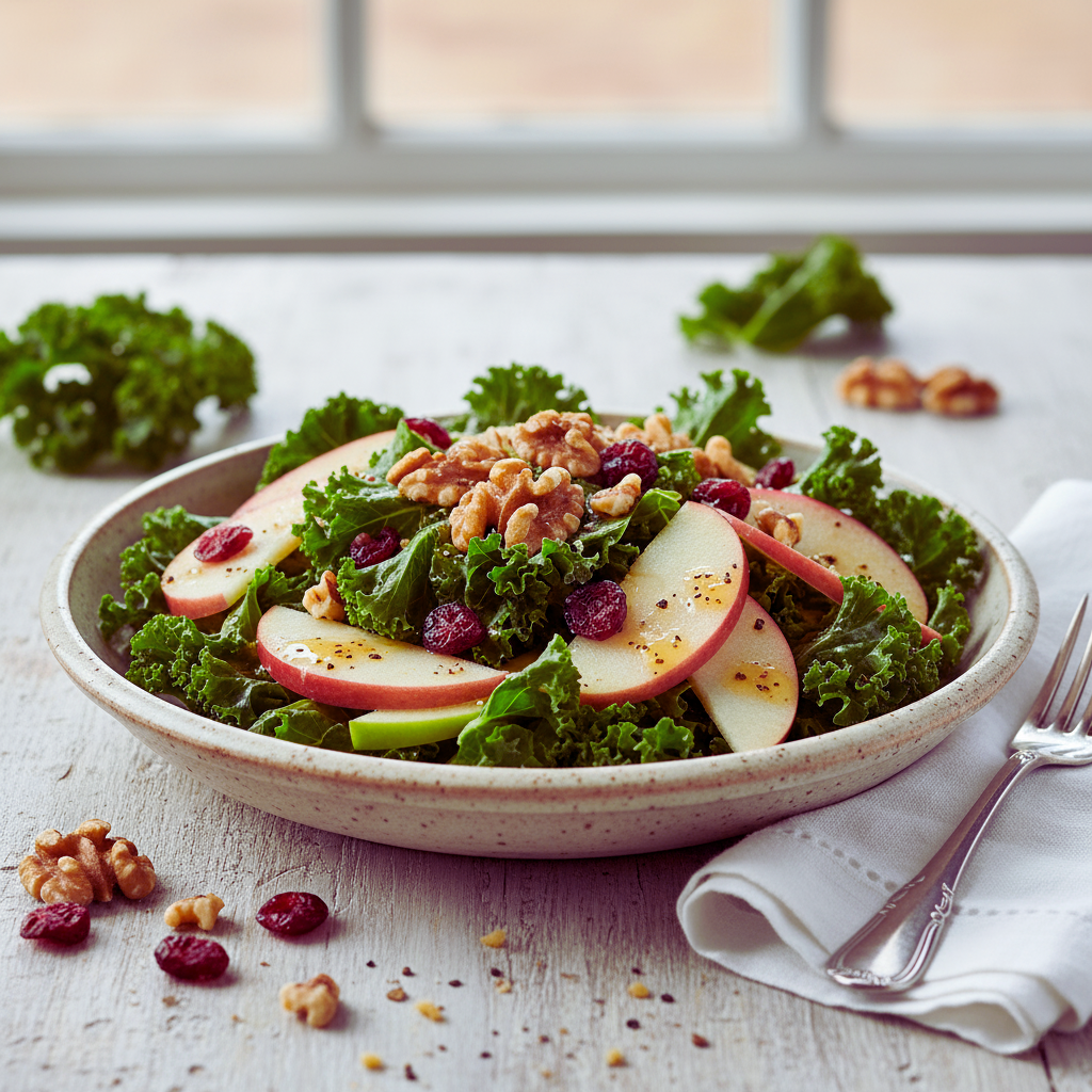 Winter kale salad with thinly sliced apples, dried cranberries, and toasted walnuts, drizzled with a light apple cider vinaigrette for a healthy holiday side dish.