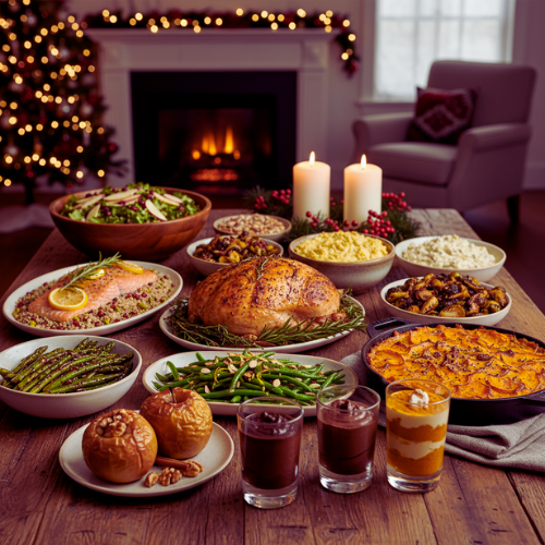 A cozy holiday dinner table filled with roasted turkey, asparagus, salmon, mashed potatoes, sweet potato casserole, green beans, baked apples, and dessert parfaits, set in a warm living room with a glowing fireplace, Christmas tree lights, and candles.